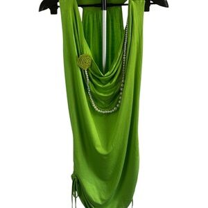 Lime Green Y2K Glam Cowl Neck Halter Tunic Top with Pearl Detail